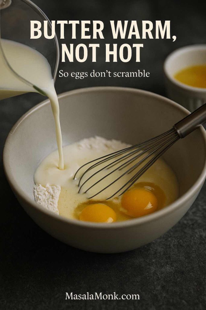 Portrait close-up of wet ingredients for blueberry pancakes—eggs and buttermilk in a mixing bowl with a whisk—featuring text overlay “Butter warm, not hot” and “So eggs don’t scramble,” with MasalaMonk.com in the footer.