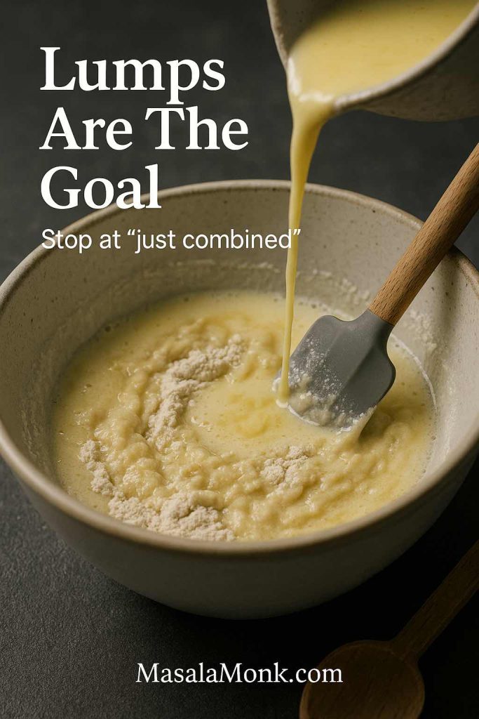 Portrait action shot of blueberry pancake batter as wet ingredients are poured into dry ingredients in a ceramic bowl, with a spatula folding gently and visible lumps, featuring text overlay “Lumps Are The Goal” and “Stop at ‘just combined’,” with MasalaMonk.com in the footer.