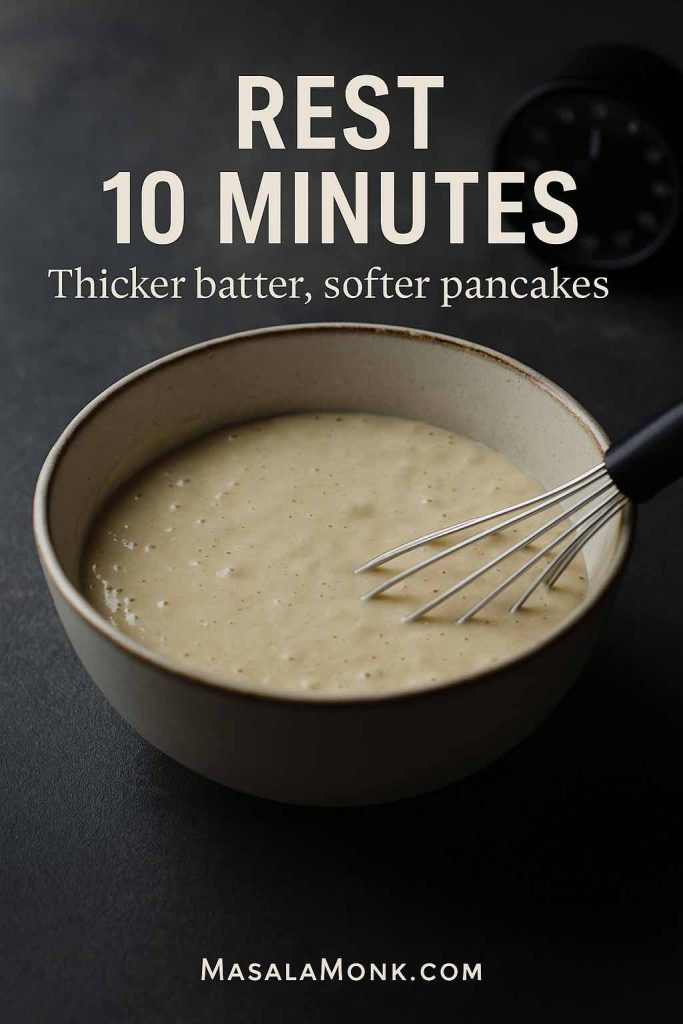 Portrait photo of blueberry pancake batter resting in a ceramic bowl on a dark counter with a whisk, featuring text overlay “Rest 10 Minutes” and “Thicker batter, softer pancakes,” with MasalaMonk.com in the footer.