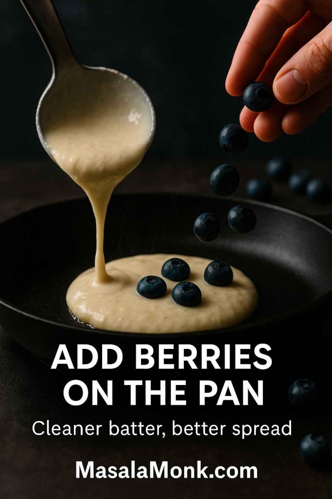 Portrait action photo of blueberry pancakes being cooked as batter is ladled onto a skillet and blueberries are added on top, with text overlay “Add berries on the pan” and “Cleaner batter, better spread,” and MasalaMonk.com in the footer.