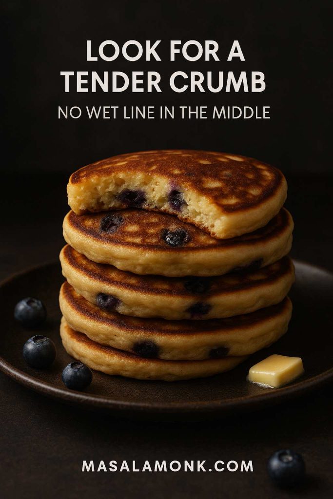 Portrait photo of a stack of blueberry pancakes with one pancake cut open to show the tender crumb and blueberries inside, featuring text overlay “Look for a tender crumb” and “No wet line in the middle,” with MasalaMonk.com in the footer.