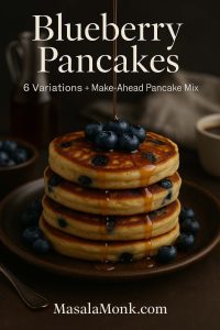 For photo-worthy blueberry pancakes, keep the heat medium and add blueberries on the pan (especially if they’re frozen), then finish with a warm maple-syrup pour for glossy, golden edges.