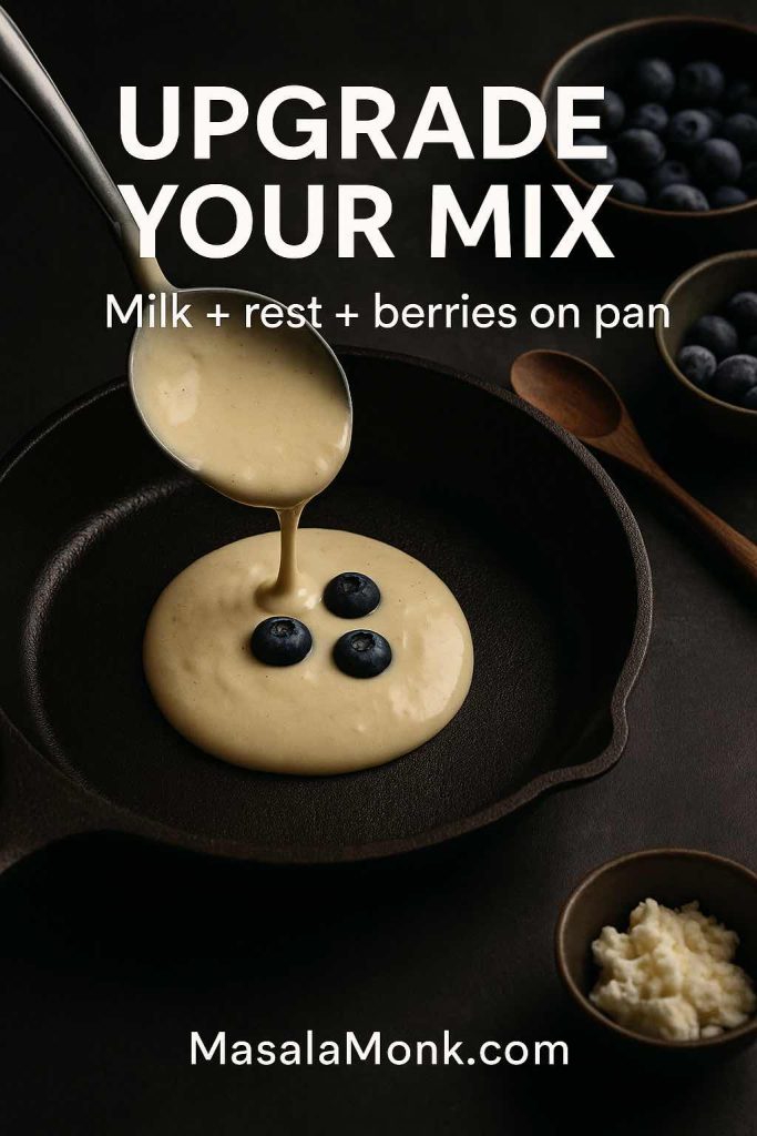 Portrait action photo of blueberry pancakes with pancake mix being cooked in a cast-iron skillet as batter is poured from a ladle and blueberries are placed on top, with text overlay “Upgrade Your Mix” and “Milk + rest + berries on pan,” and MasalaMonk.com in the footer.