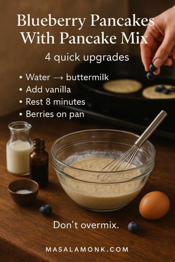 Blueberry pancakes with pancake mix recipe card showing four upgrades—swap water for buttermilk, add vanilla, rest the batter, and add blueberries on the pan—for fluffier pancakes.