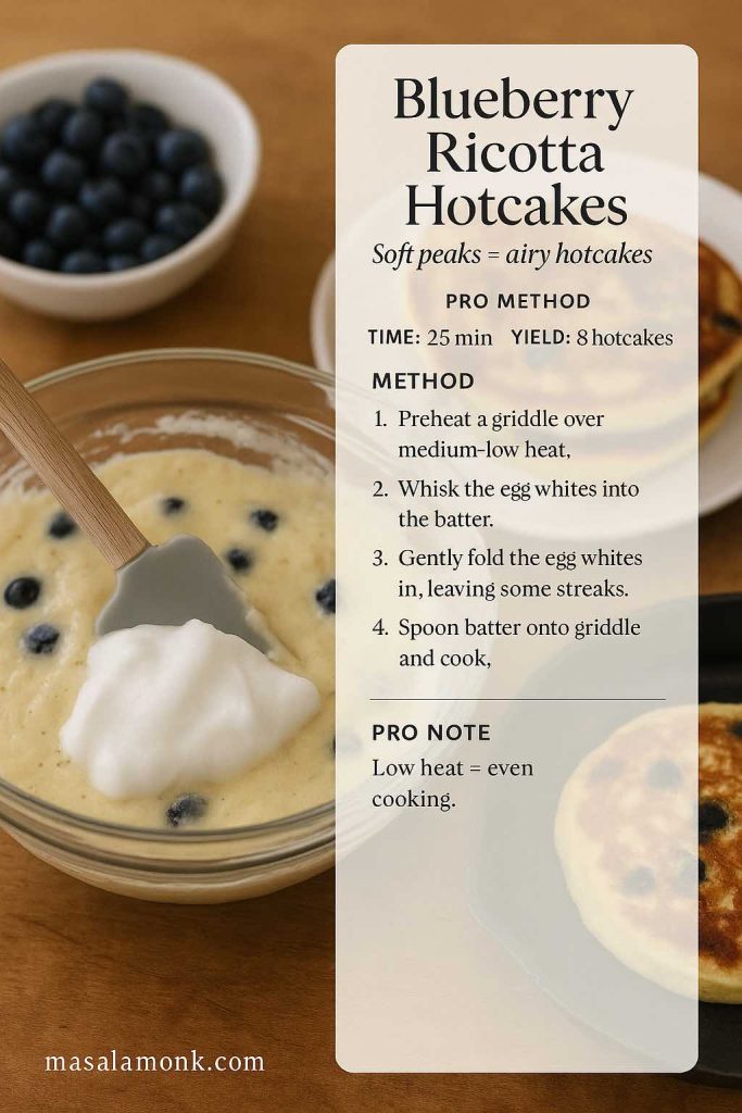 Blueberry ricotta hotcakes recipe card showing ricotta batter with blueberries and a dollop of whipped egg whites, highlighting the soft-peaks method for airy hotcakes.
