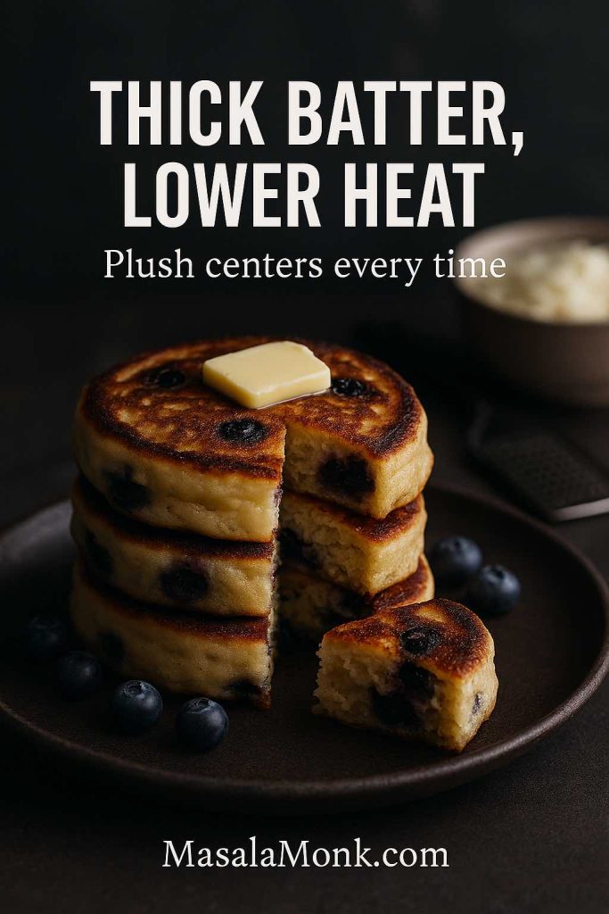 Portrait photo of blueberry ricotta hotcakes stacked on a dark plate with a butter pat and a cut-out piece showing the plush interior, featuring text overlay “Thick batter, lower heat” and “Plush centers every time,” with MasalaMonk.com in the footer.