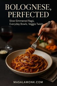 Magazine-style cover photo of tagliatelle bolognese in a bowl with a hand twirling a forkful of pasta, red wine and Parmesan in the background, and the title “Bolognese, Perfected” above MasalaMonk.com.