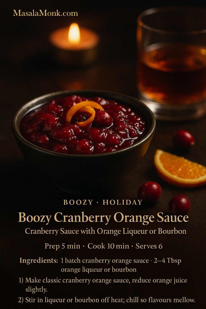 Boozy cranberry orange sauce in a dark bowl on a wooden table, garnished with an orange twist and fresh cranberries, with a glass of bourbon and a text overlay mini recipe card for cranberry sauce with orange liqueur or bourbon from MasalaMonk.com.