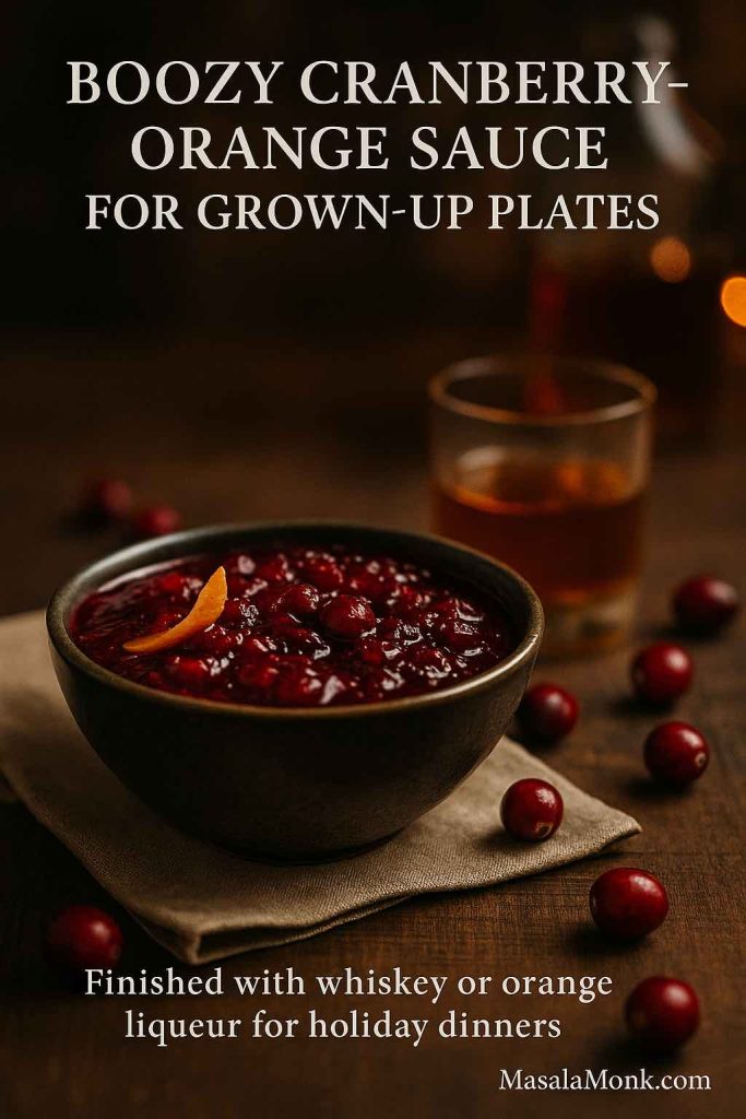 Bowl of boozy cranberry orange sauce on a wooden table with a glass of whiskey in the background and fresh cranberries scattered around, styled as a grown-up holiday version of classic cranberry sauce.