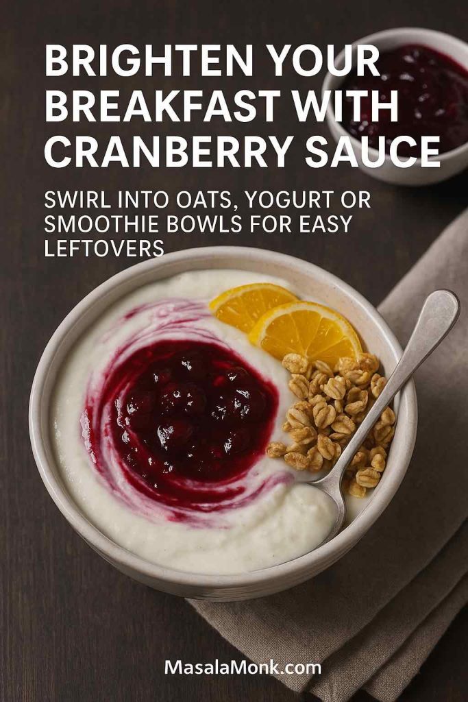 Breakfast bowl of creamy yogurt or oatmeal topped with a swirl of cranberry sauce, orange slices and granola, with a second bowl of cranberry sauce in the background.