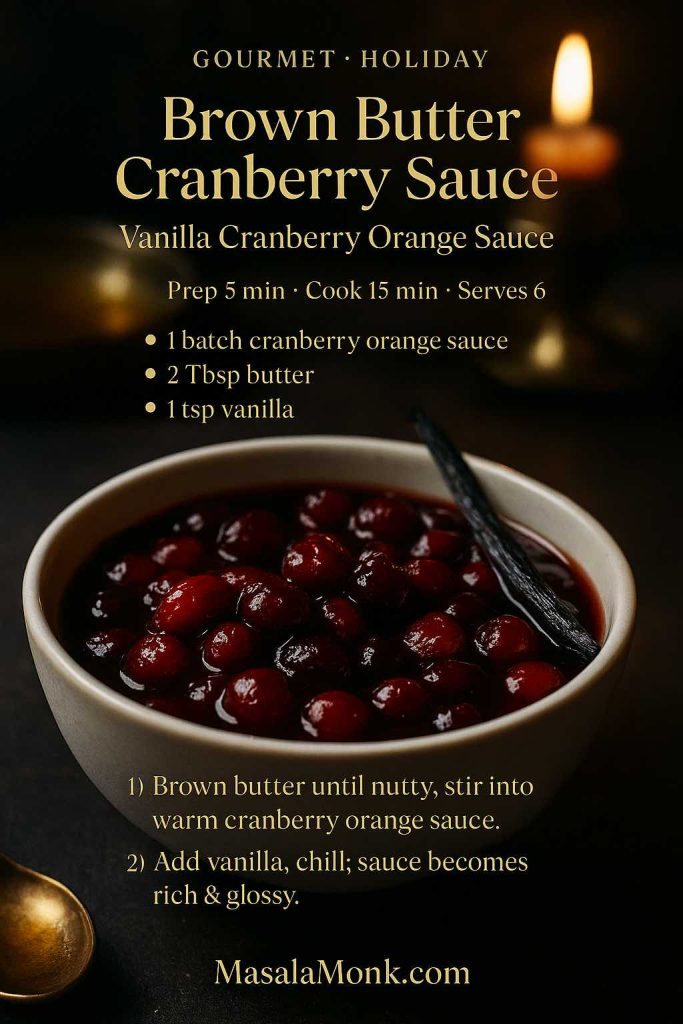 Brown butter cranberry sauce in a cream bowl with a split vanilla bean on top, styled on a dark table with candlelight, featuring an elegant text overlay recipe card for vanilla cranberry orange sauce from MasalaMonk.com.