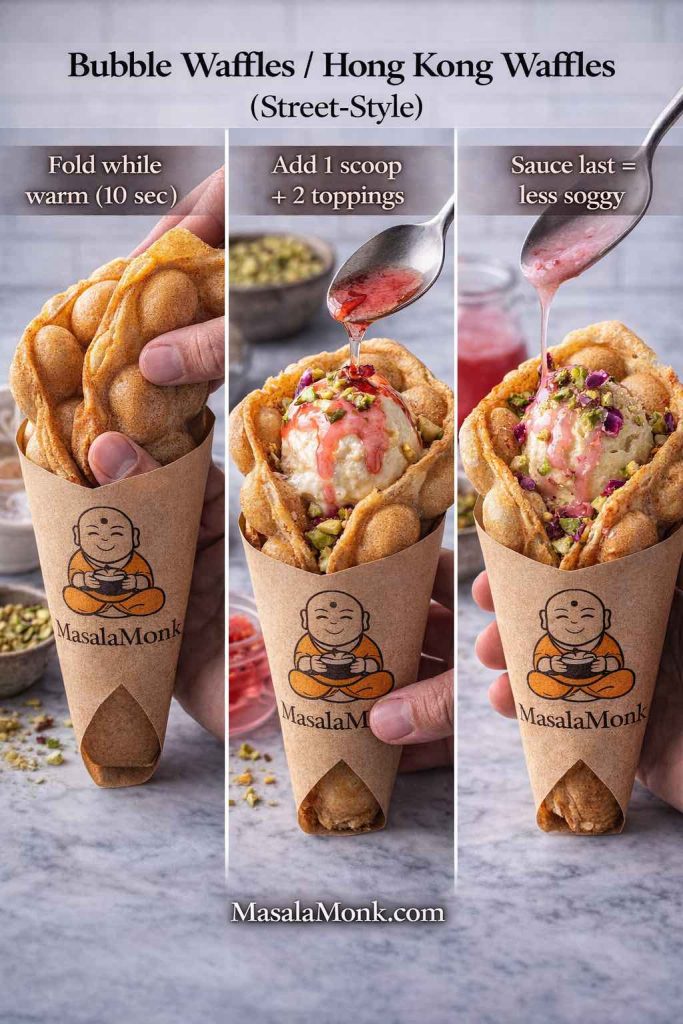 Pro tip for bubble waffles: keep the waffle warm, build with one cold element (kulfi/ice cream), and always drizzle sauces at the end—your “egg waffle” stays crisp longer instead of turning cakey.