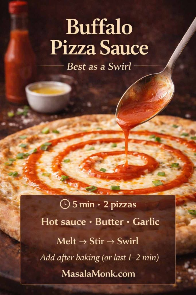 Buffalo pizza sauce recipe card showing buffalo sauce swirled over a cheese pizza with quick steps (melt, stir, swirl) and ingredients (hot sauce, butter, garlic).