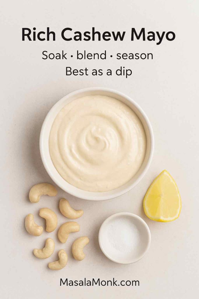 Cashew mayo recipe card showing eggless mayonnaise made from soaked cashews, lemon, and salt for a rich veg mayo dip.