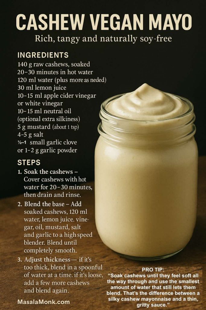 A cashew vegan mayo recipe card with a jar of thick, creamy mayo on a wooden surface, listing metric ingredients, simple blending steps and a pro tip for soaking cashews to make a rich, soy-free mayonnaise.