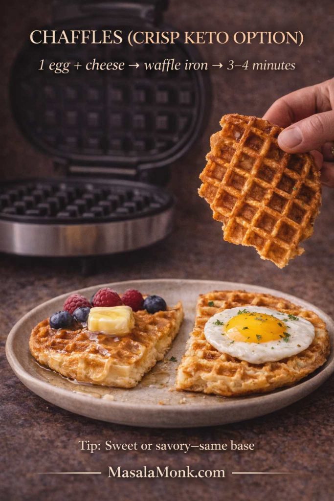 Chaffles guide card showing crisp keto chaffles made in a waffle iron with one egg and cheese, with sweet topping (butter and berries) and savory topping (fried egg).