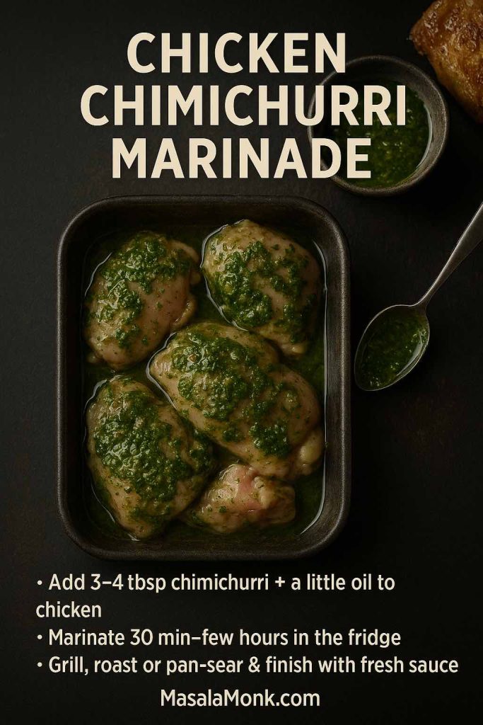 Portrait recipe image showing raw chicken thighs in a dark baking dish covered in green chimichurri marinade, with a small bowl of chimichurri and a spoon on a dark background and step-by-step text for chicken chimichurri marinade.