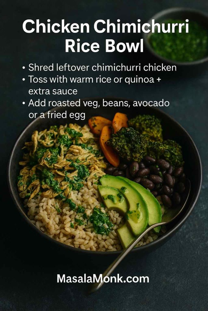 Portrait recipe card showing a bowl of rice topped with shredded chimichurri chicken, roasted vegetables, black beans and avocado slices, drizzled with green chimichurri sauce, with text explaining how to build a chicken chimichurri rice bowl.