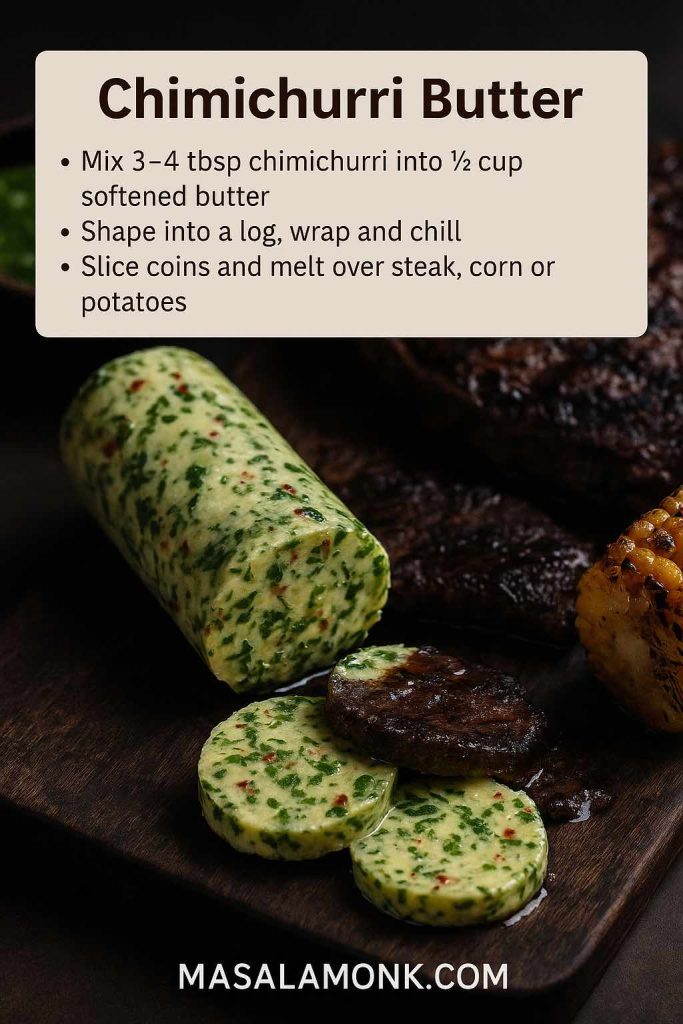 Portrait recipe card showing a log of chimichurri compound butter on a dark wooden board with coin slices melting over grilled steak and charred corn, with text explaining how to make chimichurri butter.