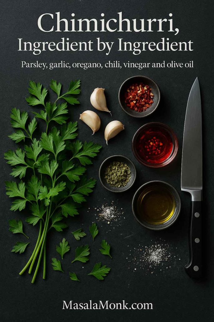 Overhead shot of chimichurri ingredients on a dark surface including flat-leaf parsley, garlic cloves, dried oregano, red pepper flakes, red wine vinegar and olive oil with a chef’s knife.