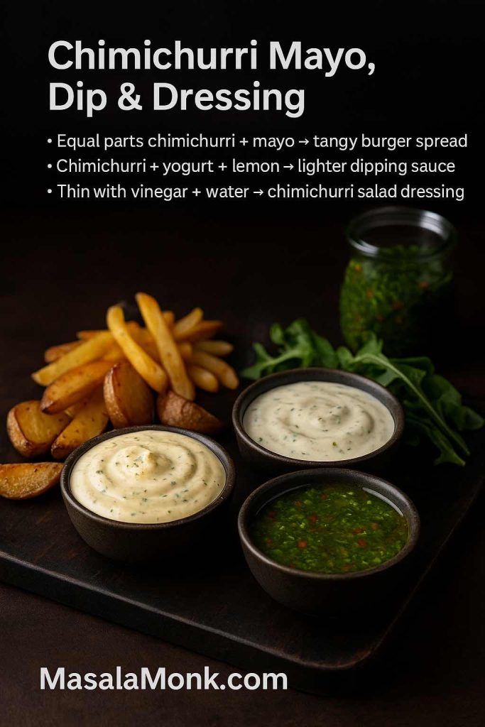 Portrait guide image titled Chimichurri Mayo, Dip & Dressing showing three small bowls on a dark board filled with chimichurri mayo, chimichurri yogurt dip and a loose chimichurri salad dressing, surrounded by fries, roasted potatoes, salad greens and a jar of chimichurri in the background.