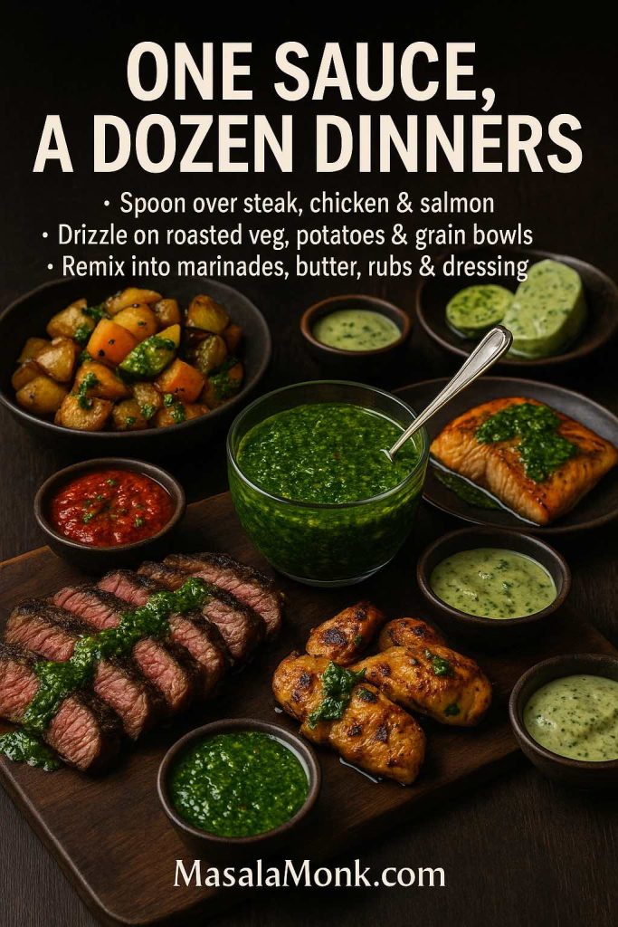 High-resolution overhead image showing sliced chimichurri steak, grilled chicken, roasted potatoes and salmon arranged around a central bowl of green chimichurri sauce with smaller bowls of red and creamy chimichurri, overlaid with the title One Sauce, A Dozen Dinners and bullet points about using chimichurri on meats, vegetables and in marinades, butter, rubs and dressing.