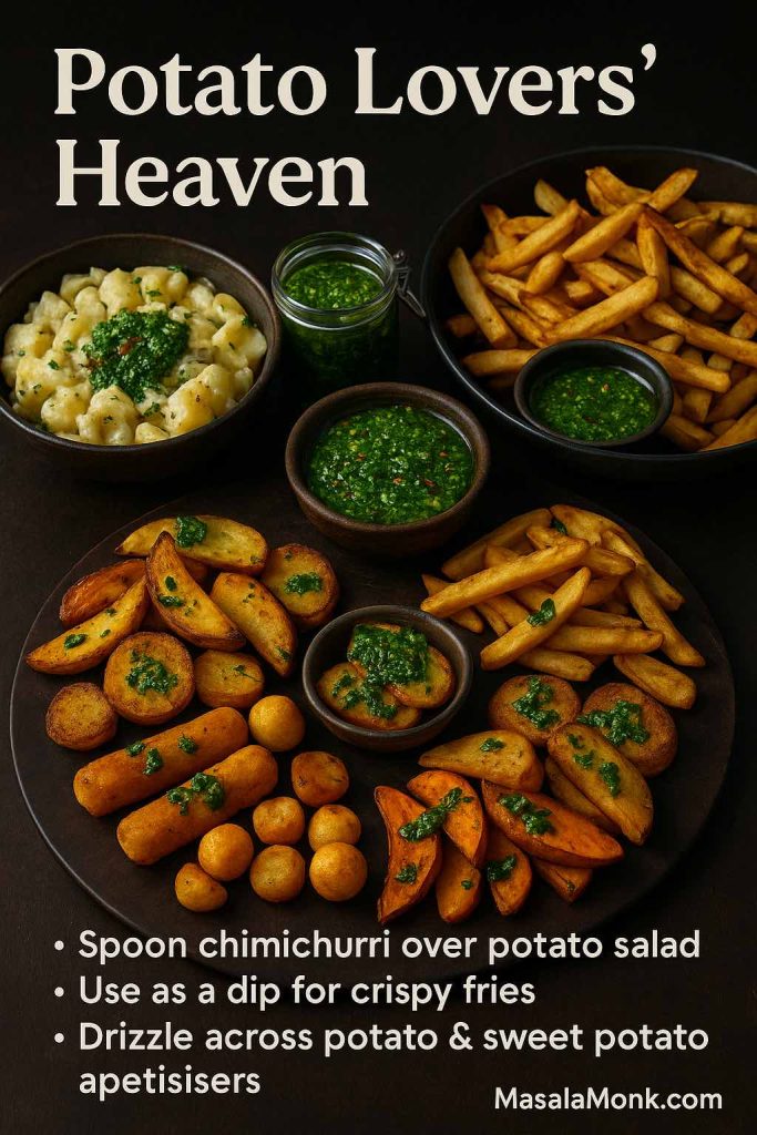 Food guide image titled Potato Lovers’ Heaven showing potato salad, crispy French fries and assorted potato and sweet potato appetisers on dark plates, all served with bowls of green chimichurri sauce and tips on using chimichurri with potatoes.