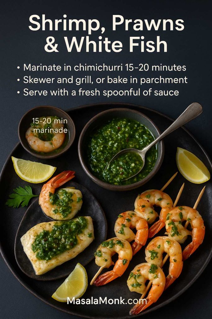 Portrait recipe card showing chimichurri-marinated shrimp and prawn skewers with a white fish fillet topped with green chimichurri, served on a dark platter with lemon wedges and a bowl of sauce, with text explaining how to marinate and cook shrimp, prawns and white fish in chimichurri.