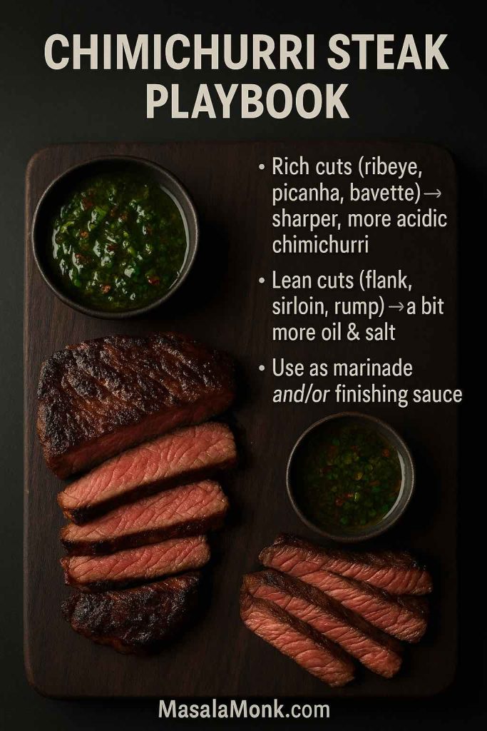 High-resolution guide image showing sliced rich and lean grilled steaks on a dark wooden board with two bowls of chimichurri sauce and on-image text titled Chimichurri Steak Playbook explaining how to pair chimichurri with different steak cuts.
