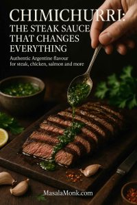 Hand pouring vibrant chimichurri sauce over sliced medium-rare steak on a wooden board, cover image for MasalaMonk chimichurri recipe.