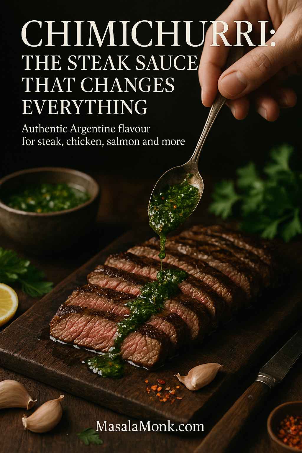 Hand pouring vibrant chimichurri sauce over sliced medium-rare steak on a wooden board, cover image for MasalaMonk chimichurri recipe.