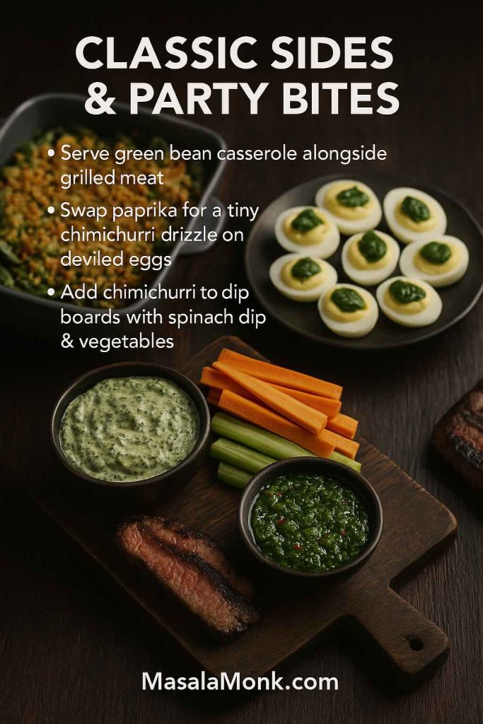High-resolution food guide titled Classic Sides & Party Bites showing green bean casserole, deviled eggs topped with a touch of chimichurri, spinach dip with vegetable sticks and a bowl of chimichurri on a dark wooden board, with a grilled steak slice at the edge of the frame.