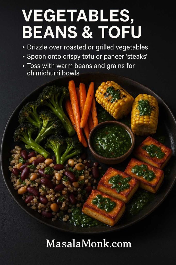 Portrait guide image titled Vegetables, Beans & Tofu showing a dark plate with roasted broccoli, carrots, corn on the cob, crispy tofu cubes and a quinoa-and-bean mix, all drizzled with green chimichurri sauce and served with a small bowl of chimichurri.