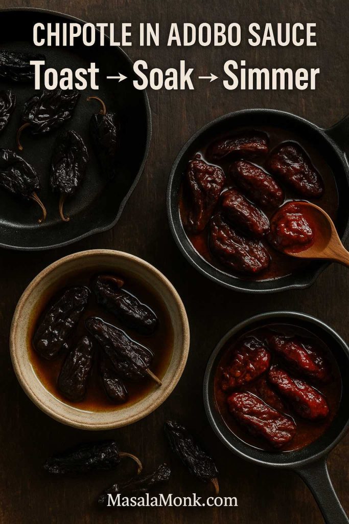 Chipotle in adobo sauce process image showing dried chipotle chilies, rehydrated chilies in soaking liquid and chipotles simmered in rich red adobo sauce with the words Toast, Soak and Simmer.