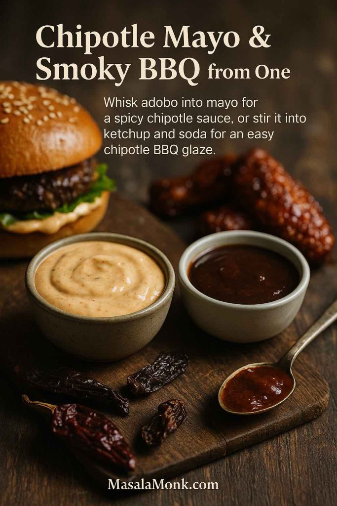 Bowl of creamy chipotle mayo and a ramekin of dark smoky chipotle BBQ sauce on a wooden board with a burger, glazed wings, dried chipotle chilies and a spoonful of adobo.