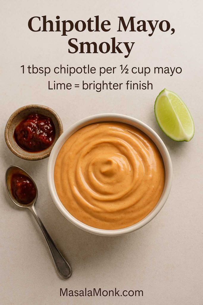 Chipotle mayo recipe card showing smoky chipotle mayonnaise with lime for a brighter finish.