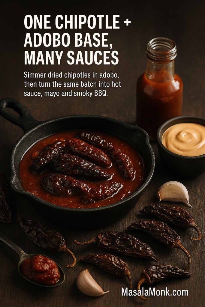 Cast-iron skillet of chipotle peppers in thick red adobo sauce with a bottle of chipotle hot sauce, a bowl of chipotle mayo, dried chipotle chilies, garlic and tomato paste on a dark wooden table.