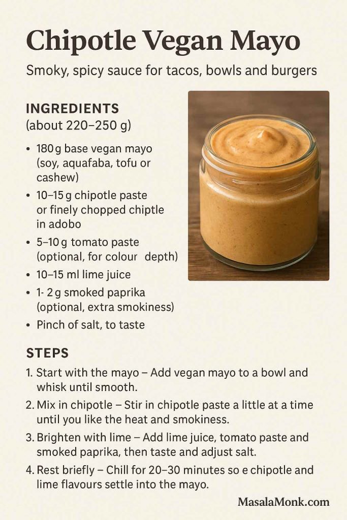 Recipe card for chipotle vegan mayo showing a jar of smoky orange plant-based mayo with ingredients, simple steps and a pro tip about letting the chipotle and lime flavours develop in the fridge for tacos, bowls and burgers.