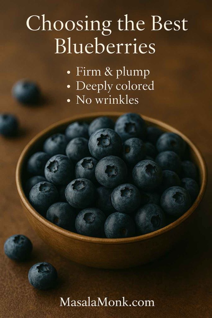 Close-up of fresh blueberries with a guide for choosing firm, deeply colored berries for blueberry pancakes and blueberry hotcakes.