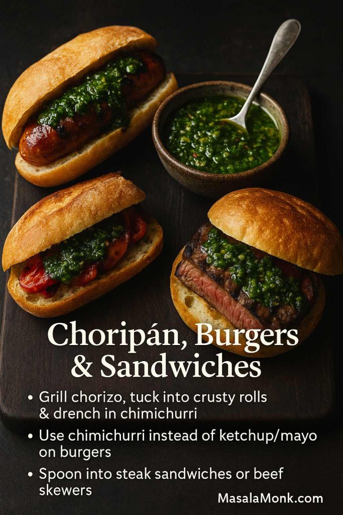 High-resolution image showing a choripán, a chimichurri-topped burger and a steak sandwich arranged on a dark wooden board around a bowl of green chimichurri sauce, with overlay text about using chimichurri on choripán, burgers and sandwiches.