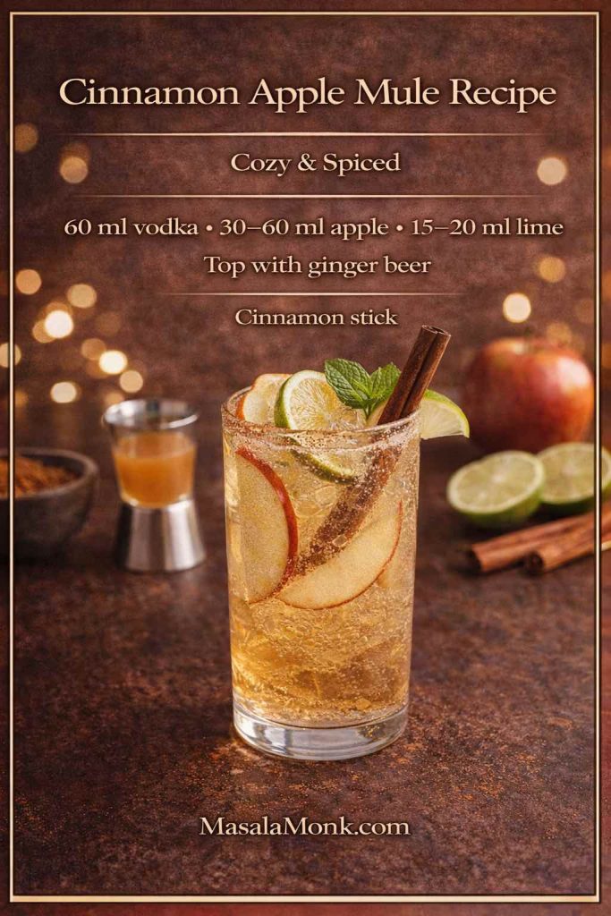 Cinnamon Apple Mule recipe card showing a highball with ice, apple slices, lime and mint, plus a cinnamon stick, with measurements (60 ml vodka, 30–60 ml apple, 15–20 ml lime) topped with ginger beer on MasalaMonk.com.
