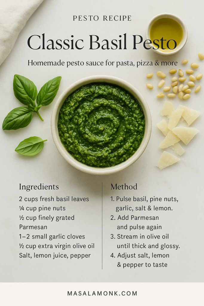 Classic Basil Pesto recipe card showing ingredients and method on a luxe marble background with a bowl of green pesto – MasalaMonk.