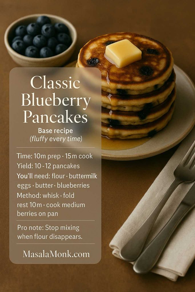 Classic blueberry pancakes recipe card with buttermilk batter, showing time, yield, key ingredients, and a quick method for fluffy pancakes.