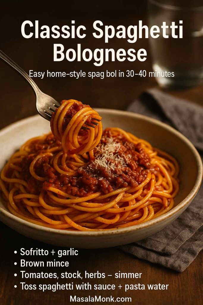 Portrait image of classic spaghetti bolognese in a rustic bowl, spaghetti coated in a rich tomato meat sauce with Parmesan on top, plus overlay text reading “Classic Spaghetti Bolognese – Easy home-style spag bol in 30–40 minutes” and a short bullet list of key cooking steps.