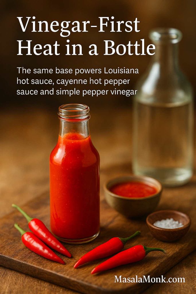 Bottle of bright red vinegar hot pepper sauce on a wooden board with fresh red chilies, vinegar and salt, representing classic Louisiana-style hot sauce.