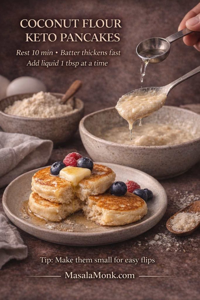Guide card showing coconut flour keto pancakes with small pancakes and batter prep, explaining to rest 10 minutes, batter thickens fast, and add liquid 1 tablespoon at a time for fluffy low carb pancakes.