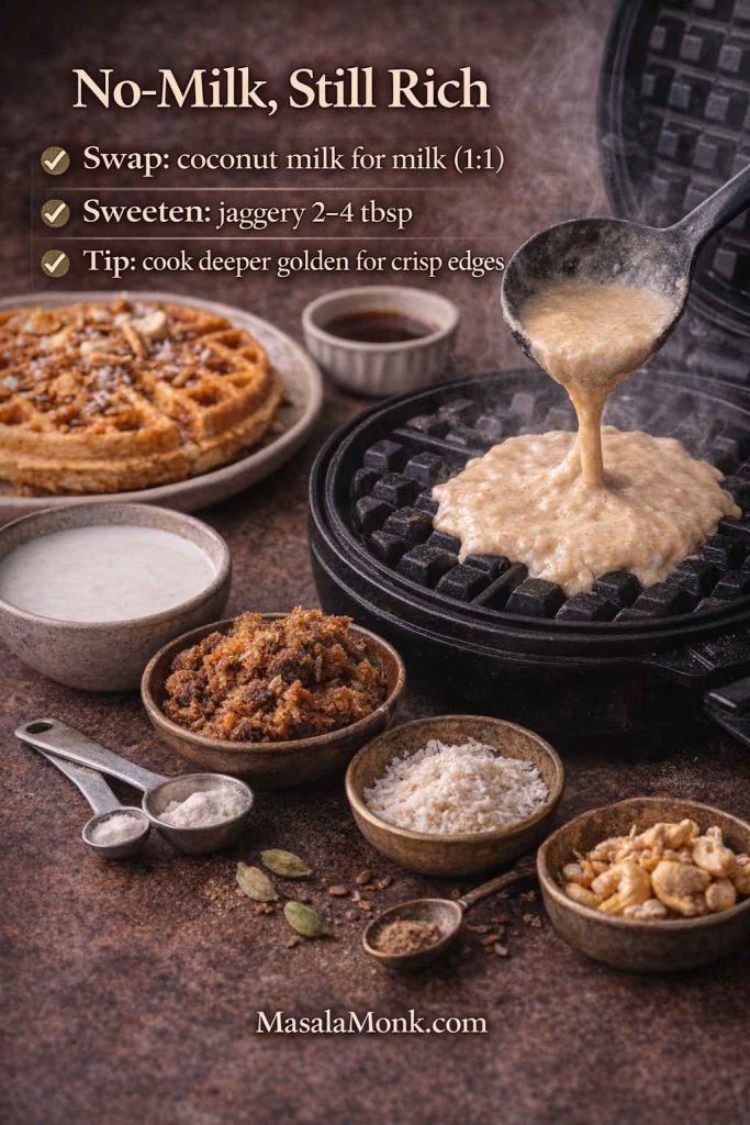 Dairy-free coconut–jaggery Belgian waffle batter being poured into a hot waffle iron, with coconut milk, grated jaggery and desiccated coconut shown for a no-milk waffle variation.