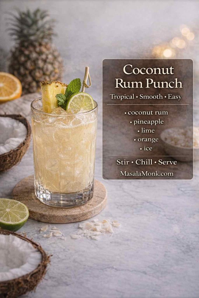 Coconut rum punch in a chilled glass with pineapple, lime, and mint garnish, featuring a recipe-card overlay for coconut rum punch ingredients and steps.