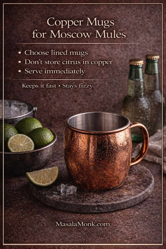 Copper mugs for Moscow mules guide card showing a lined copper mug with lime, explaining to choose lined mugs, avoid storing citrus in copper, and serve immediately.