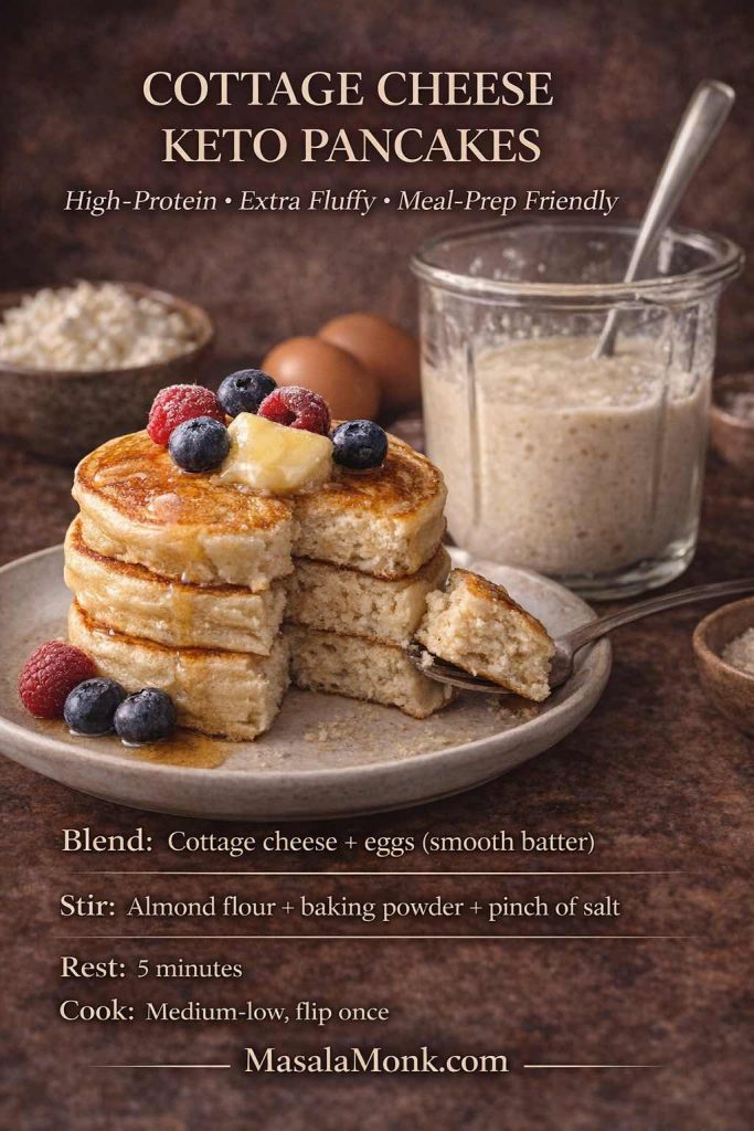 Guide card showing cottage cheese keto pancakes with a cut-open fluffy stack and step-by-step instructions to blend cottage cheese and eggs, stir in almond flour and baking powder, rest, then cook on medium-low.